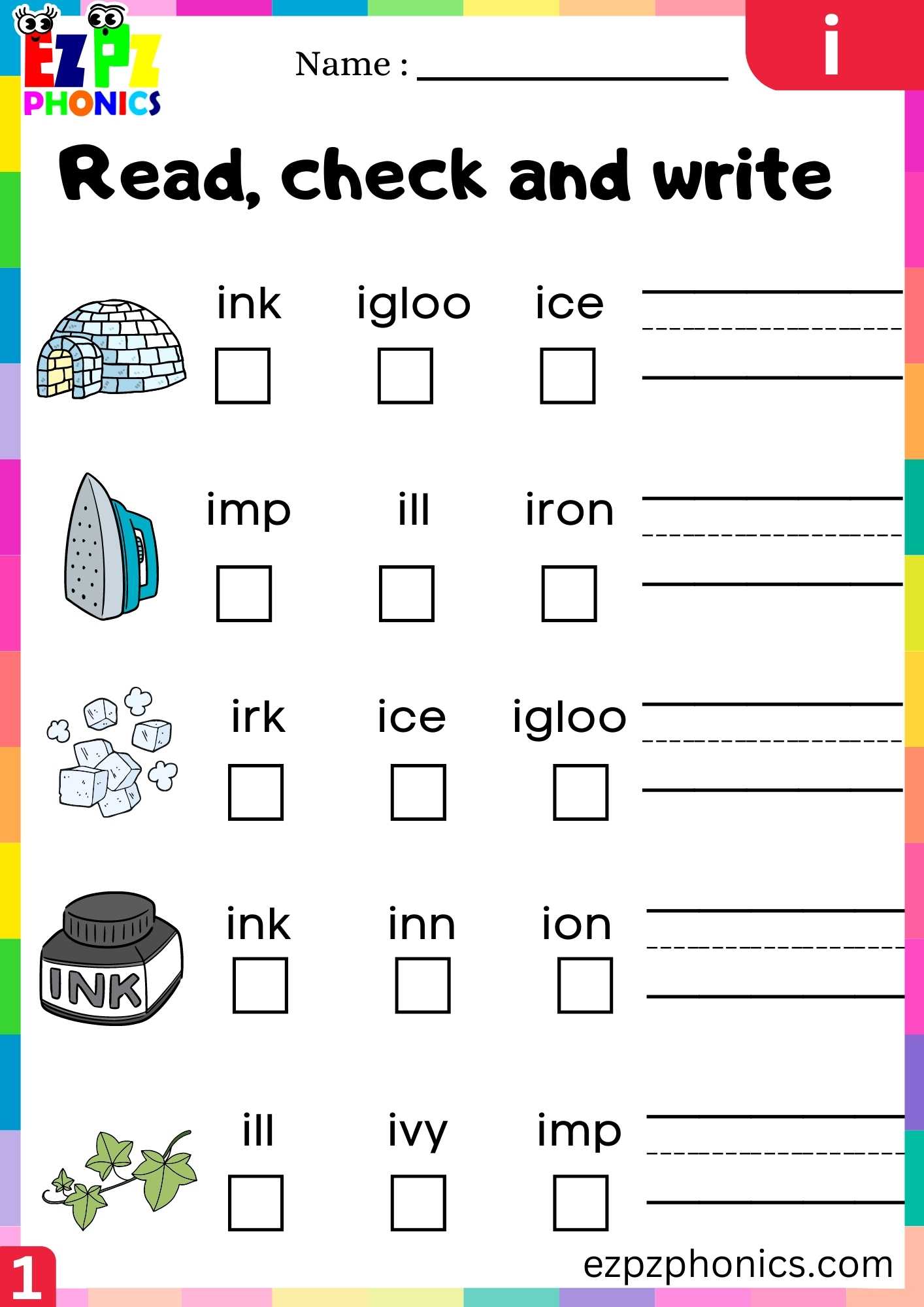 Letter I Read, Check And Write Beginning Sounds Worksheet